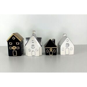 Becki‎ Owens Ceramic Christmas Village Houses Decor Set Of 4  Black White Gold